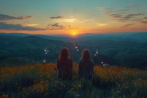 Tranquil Sunset Over Hills with Blossoming Wildflowers and Friends photo