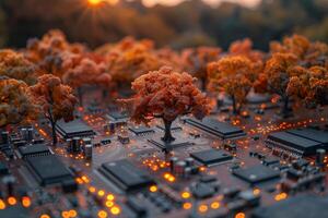 Autumn Technology Circuit Board with Trees at Sunset for Futuristic Design photo