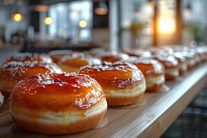 Glazed Donuts on Display in Bakery with Warm Ambient Lighting photo
