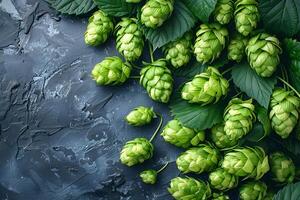 Fresh Green Hops on Dark Rustic Background for Brewing or Culinary Design photo