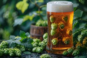 Fresh Craft Beer with Hops and Foamy Top in a Natural Setting photo