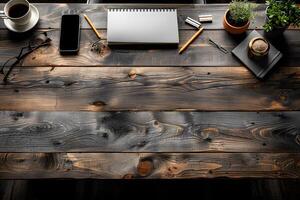 Rustic Wooden Desk with Stationery and Coffee for an Inspiring Workspace Design photo