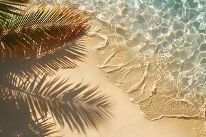 Serene Beach Scene with Crystal Clear Water and Palm Shadow for Tropical Paradise Design photo