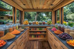 Rustic Kitchen Pantry With Glass Jars Filled With Colorful Spices and Grains by Nature photo