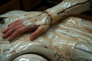 Futuristic Robotic Arm on High-Tech Armor for Sci-Fi and Technology Design photo