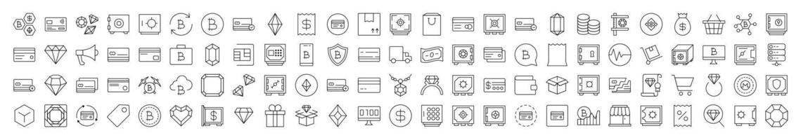 Banking and Money Line Icon Set. Modern Collection for Design, Web Sites, Apps, Cards. Contains Linear Images of Shopping Cart, Bank, Diamond vector