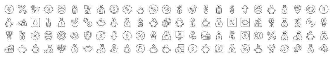 Finance Line Icon Set. Modern Collection for Design, Web Sites, Apps, Cards. Contains Linear Images of Piggy Bank, Percent, Coin, Tree Money vector