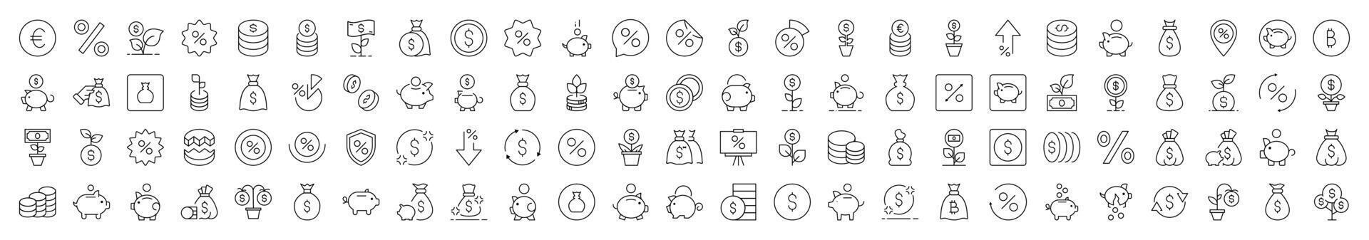 Finance Line Icon Set. Modern Collection for Design, Web Sites, Apps, Cards. Contains Linear Images of Piggy Bank, Percent, Coin, Tree Money