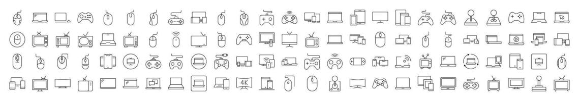 Set of Devices Related Line Icons. Editable Stroke for Design, Web Sites, Apps, Cards. Contains Linear Images of Computer, Mouse, Joystick, TV vector
