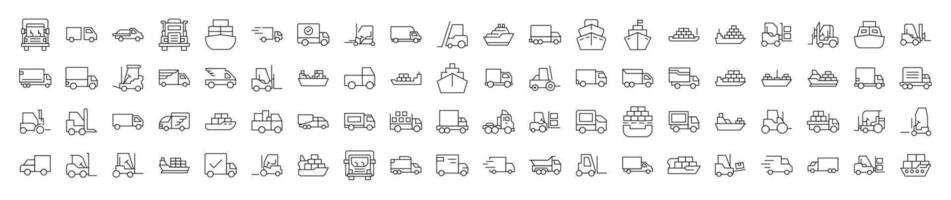 Bundle of Line Icons of Ship, Van, Tractor. Editable Stroke. Minimalistic Linear Pictogram for Design of Cards, Apps, Banners, Posts vector