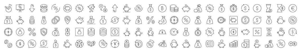 Piggy Bank, Dollar, Coin, Percent Line Icon Collection. Editable Stroke. Minimalistic Linear Pictogram for Design of Cards, Apps, Banners, Posts vector