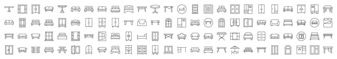 Furniture Line Icon Bundle. Modern Collection for Design, Web Sites, Apps, Cards. Contains Linear Images of Dresser, Couch, Sofa, Table, Window vector