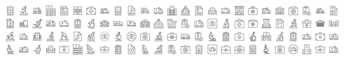Ambulance, Microscope, Medical Suitcase, Doctor Prescription, Hospital Icon Set for UI, Placards, Books, Apps. Editable Stroke. Suitable for Web Sites, Books, Cards, Apps vector