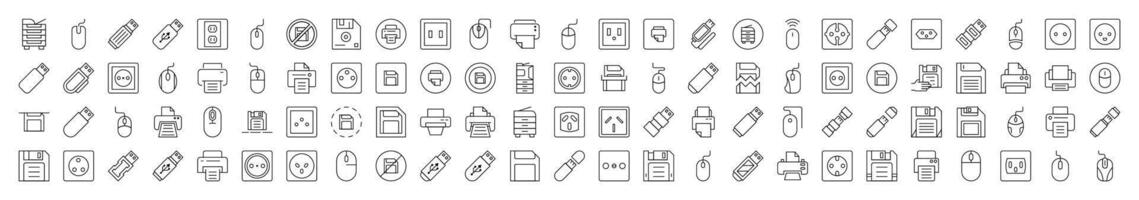 Gadgets Icon Collection. Contains Icons of Icons of Outlet, Mouse, Memory Card, Printer that Can Be Used for Design of Cards, Posts, Apps, Web Sites vector