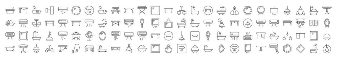 Interior Icon Bundle. Contains Icons of Conditioner, Mirror, Table, Lamp, Chandelier, Bathroom that Can Be Used for Design of Cards, Posts, Apps, Web Sites vector