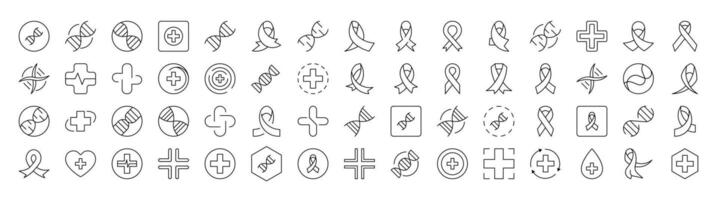 Collection of Icons of Medical Cross, Pink Ribbon, DNA Drawn with Thin Line for apps, web sites, banners, infographics and other types of design vector