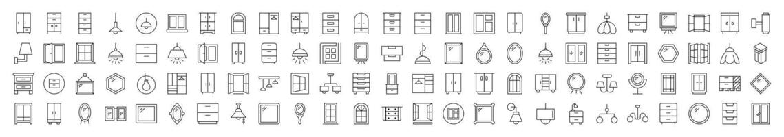 Window, Lamp, Mirror, Dresser, Chandelier Related Icon Set. Editable Stroke. Suitable for Web Sites, Books, Cards, Apps vector