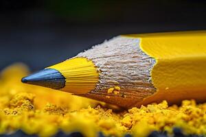 Close-Up of Sharp Yellow Pencil and Shavings for Creative Art Concepts and Stationery Themes photo