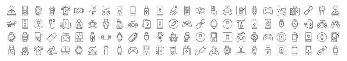 Joystick, Gamepad, Charger, Watch, Flash Card, USB Pack of Thin Icons. Editable Stroke. Suitable for Web Sites, Books, Cards, Apps vector