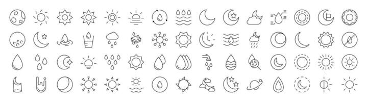 Set of Weather Related Line Icons. Editable Stroke for Design, Web Sites, Apps, Cards. Contains Linear Images of Sun, The Moon, Shower vector