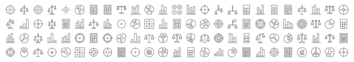 Bundle of Line Icons of Scales, Target, Calculator, Diagram, Business. Editable Stroke. Minimalistic Linear Pictogram for Design of Cards, Apps, Banners, Posts vector