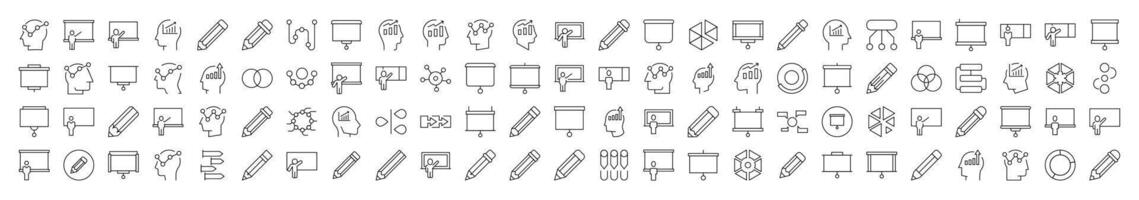 Bundle of Line Icons of Presentation, Brainstorm, Pencil, Diagram. Editable Stroke. Minimalistic Linear Pictogram for Design of Cards, Apps, Banners, Posts vector