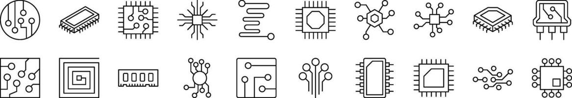 Set of Line Icons of Chip and Scheme. Editable Stroke. Minimalistic Linear Pictogram for Design of Cards, Apps, Banners, Posts vector