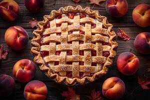 Rustic Autumn Peach Pie Surrounded by Fresh Peaches and Fall Leaves photo