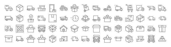 Set of Delivery Related Line Icons. Editable Stroke for Design, Web Sites, Apps, Cards. Contains Linear Images of Boxes and Vans vector