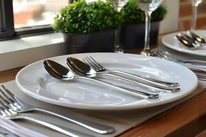 Elegant Table Setting with Silverware and Plates for Sophisticated Dining Experience photo