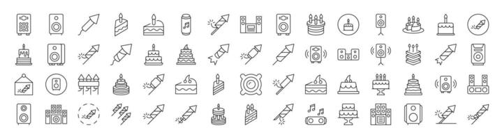 Holiday, Party, Fireworks, Cooks and Stereo Line Icon Bundle. Editable Stroke. Minimalistic Linear Pictogram for Design of Cards, Apps, Banners, Posts vector