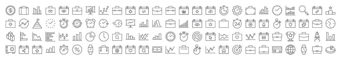 Business Line Icon Set. Modern Collection for Design, Web Sites, Apps, Cards. Contains Linear Images of Briefcase, Clock, Startup, Analyzing, Management vector