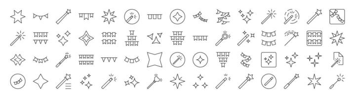 Holiday Line Icon Collection. Modern Collection for Design, Web Sites, Apps, Cards. Contains Linear Images of Magic Wand, Garlands, Sparkles vector