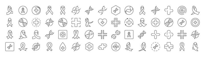Collection of Outline Symbols of Medical Cross, Pink Ribbon, DNA Drawn with Thin Line for apps, web sites, banners, infographics and other types of design vector