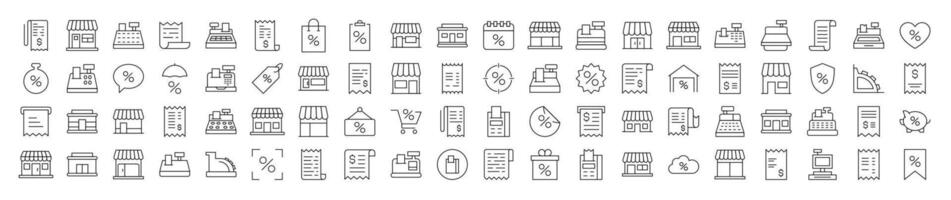 Shopping Simple Linear Illustrations. Contains Icons of Store, Receipt, Cash Register that Can Be Used for Design of Cards, Posts, Apps, Wen Sites vector