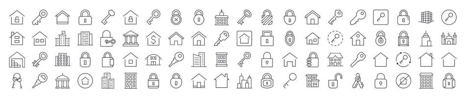 Pack of Line Icons of House and Real Estate. Editable Stroke. Minimalistic Linear Pictogram for Design of Cards, Apps, Banners, Posts vector