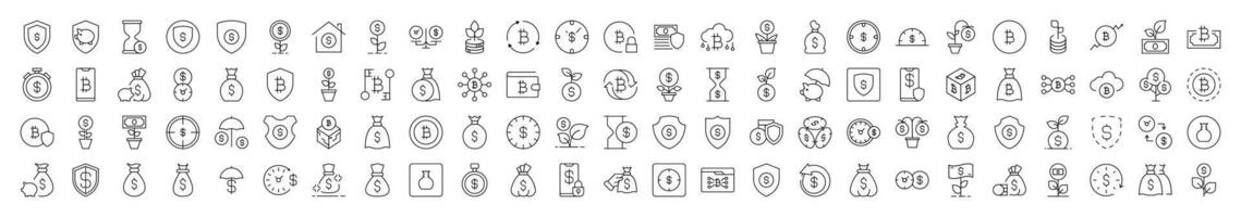 Insurance and Money Savings Simple Linear Illustrations. Contains Icons of Dollar, Shield, Bag, Wallet that Can Be Used for Design of Cards, Posts, Apps, Web Sites vector