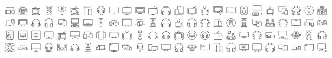 Pack of Line Icons of Tv Set, Speaker, Headset, Computer. Editable Stroke. Minimalistic Linear Pictogram for Design of Cards, Apps, Banners, Posts vector