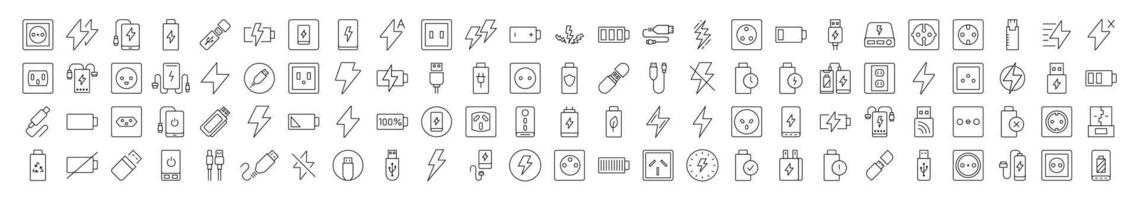 Set of Energy Related Line Icons. Editable Stroke for Design, Web Sites, Apps, Cards. Contains Linear Images of Battery, USB Cable, Charger, Outlet vector