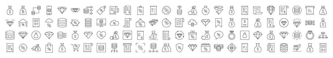 Bundle of Line Icons of Dollar, Receipt, Diamond, Percent. Editable Stroke. Minimalistic Linear Pictogram for Design of Cards, Apps, Banners, Posts vector