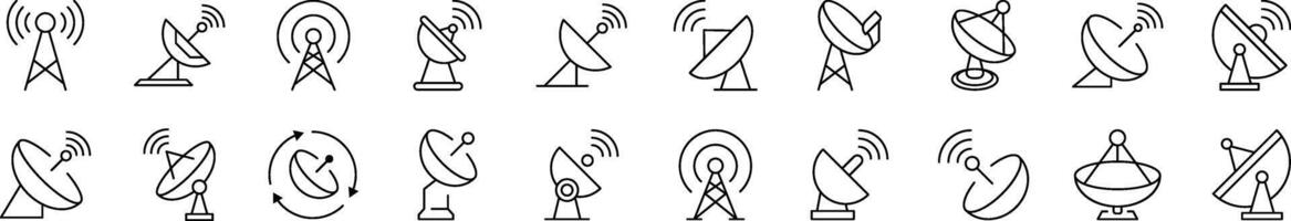 Bundle of Line Icons of Satellite Dish. Editable Stroke. Minimalistic Linear Pictogram for Design of Cards, Apps, Banners, Posts vector