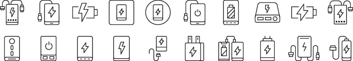 Pack of Line Icons of Energy, Charger, Battery. Editable Stroke. Minimalistic Linear Pictogram for Design of Cards, Apps, Banners, Posts vector