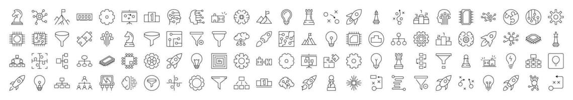 Data and Analytics Line Icon Set. Contains Icons of Puzzle, Funnel, Gear, Cogwheel, Spaceship that Can Be Used for Design of Cards, Posts, Apps, Web Sites vector