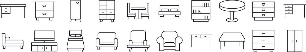 Table, Closet, Mirror, Chair and Table Line Icon Set. Editable Stroke. Minimalistic Linear Pictogram for Design of Cards, Apps, Banners, Posts vector