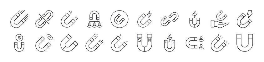 Bundle of Line Icons of Magnet. Editable Stroke. Minimalistic Linear Pictogram for Design of Cards, Apps, Banners, Posts vector