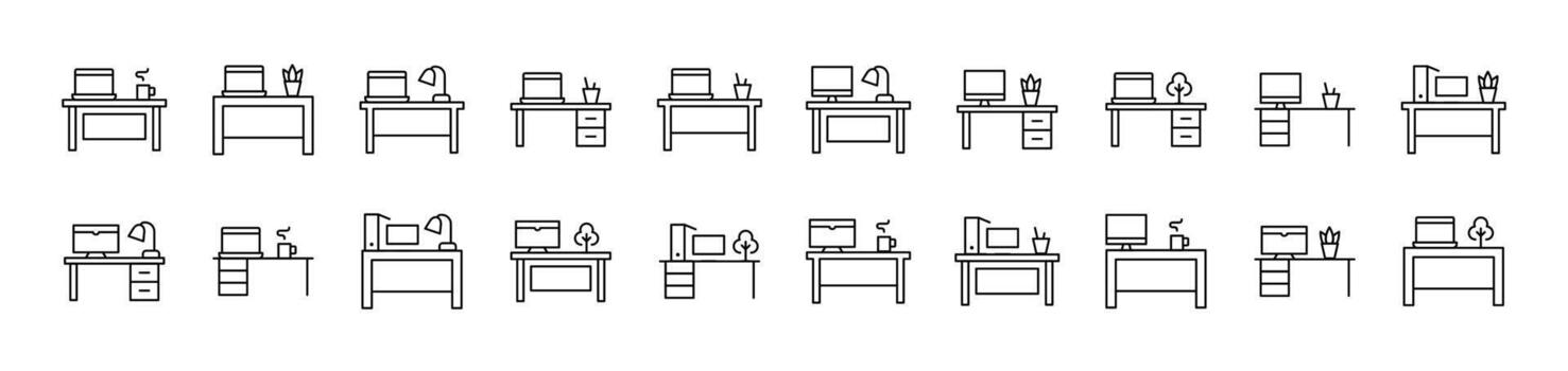 Computer on Table Outline Simple Linear Image Collection. Editable Stroke. Suitable for Web Sites, Books, Cards, Apps vector