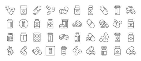 Minimalistic Linear Illustrations of Meds and Treatment. Contains Icons of Pills that Can Be Used for Design of Cards, Posts, Apps, Web Sites vector