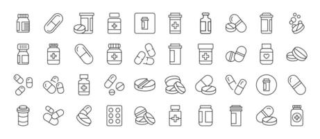 Meds and Treatment Simple Linear Illustrations. Contains Icons of Pills that Can Be Used for Design of Cards, Posts, Apps, Wen Sites vector