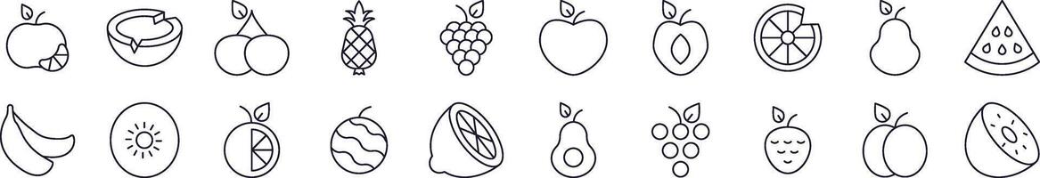 Watermelon, Coconut, Grape and Other Fruits Line Icon Bundle. Editable Stroke. Minimalistic Linear Pictogram for Design of Cards, Apps, Banners, Posts vector