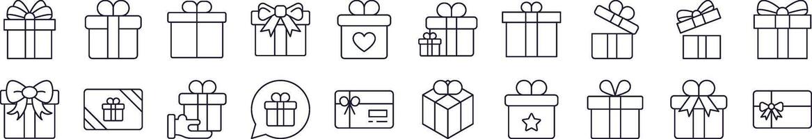 Pack of Line Icons of Giftbox, Box for Present. Editable Stroke. Minimalistic Linear Pictogram for Design of Cards, Apps, Banners, Posts vector